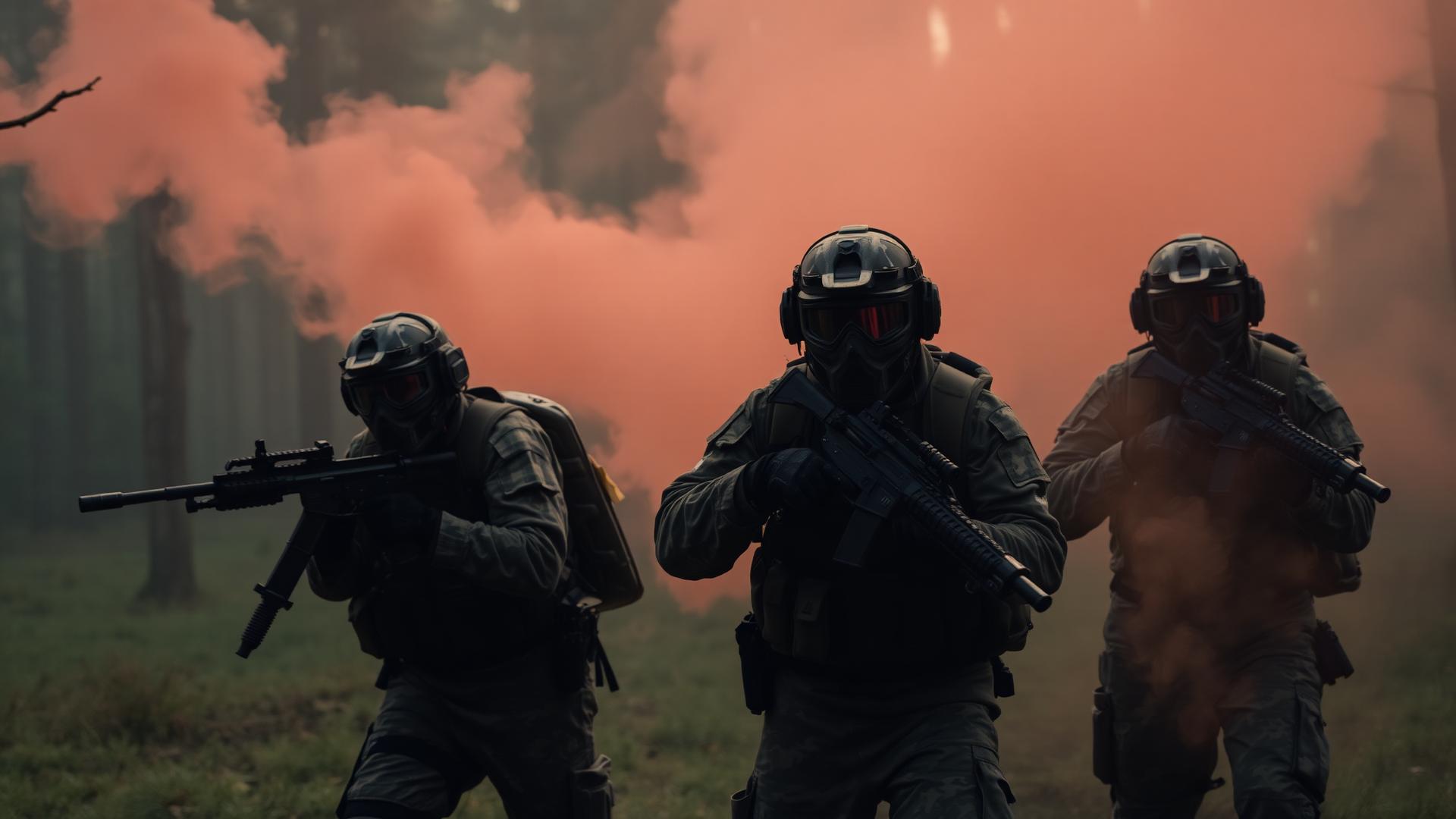 Operadores de airsoft em ação com fumaça vermelha na floresta